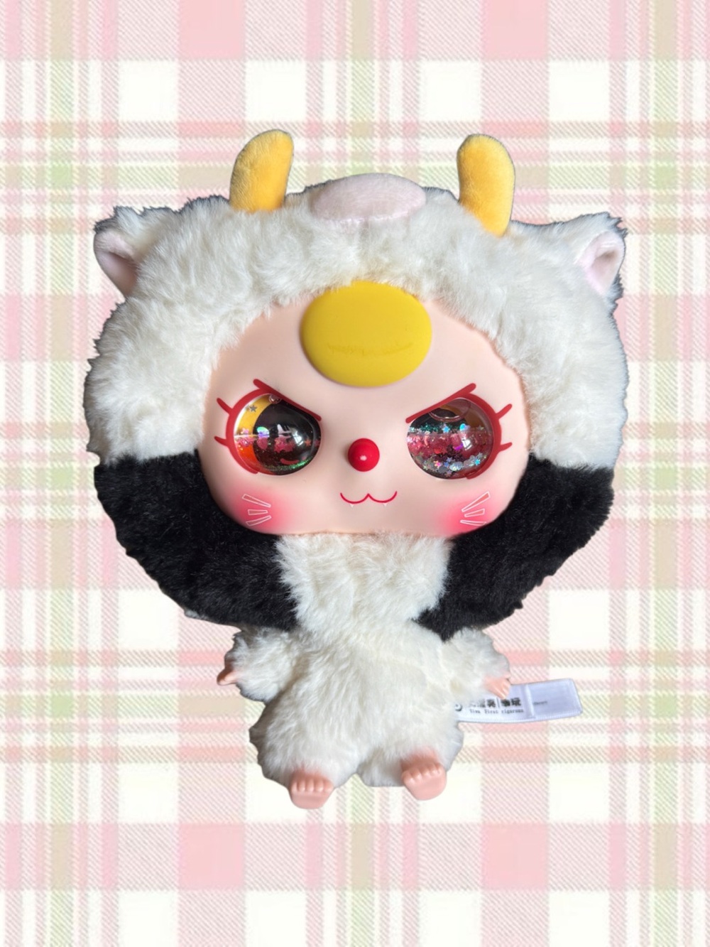 Baby Three Big Head Baby Zipper Bag Plush Cow Rare Glitter Shaker Eyes